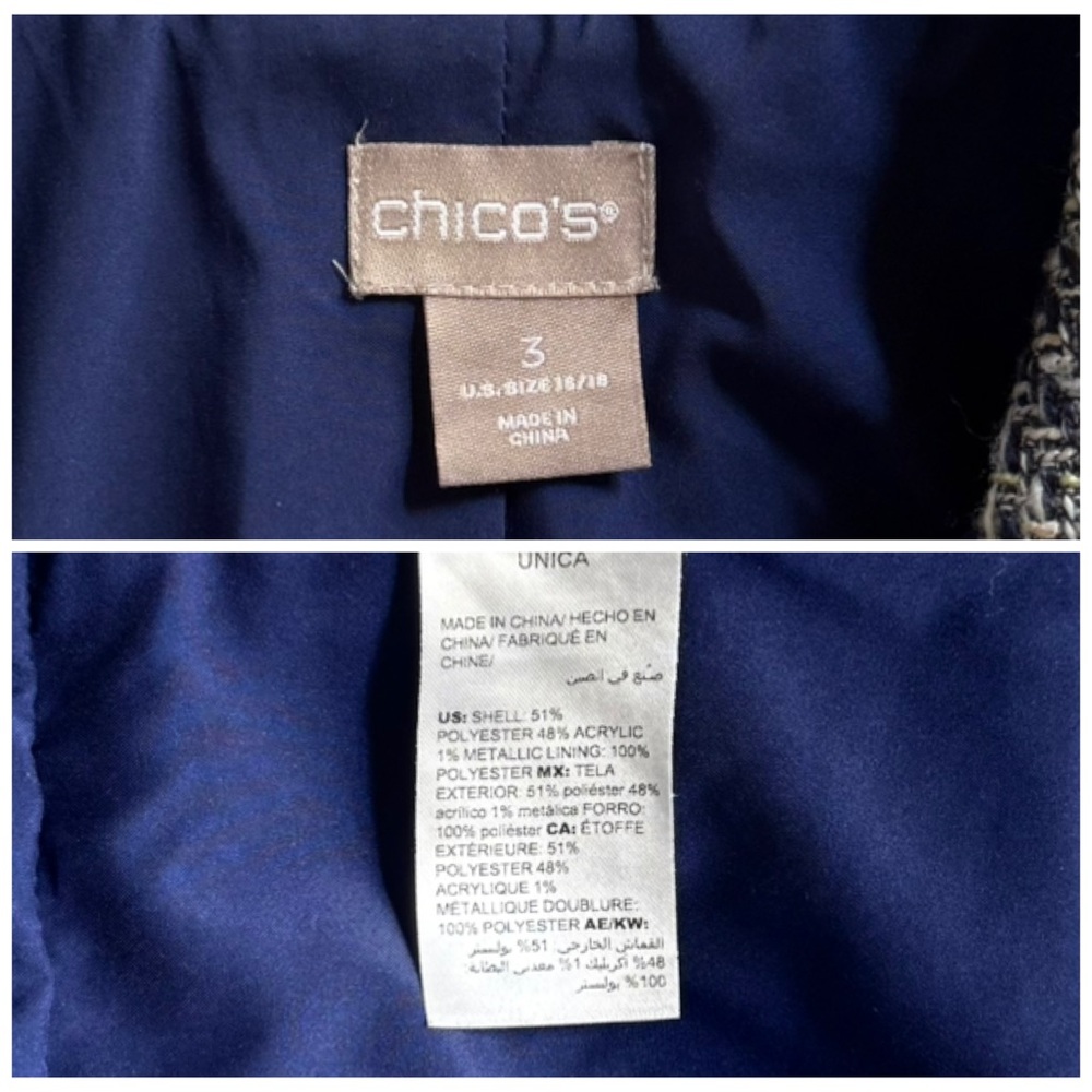 CHICO’S 3 / XL 16 18 Tweed Peplum Fringe Trim Jacket Blazer - Picture 9 of 12